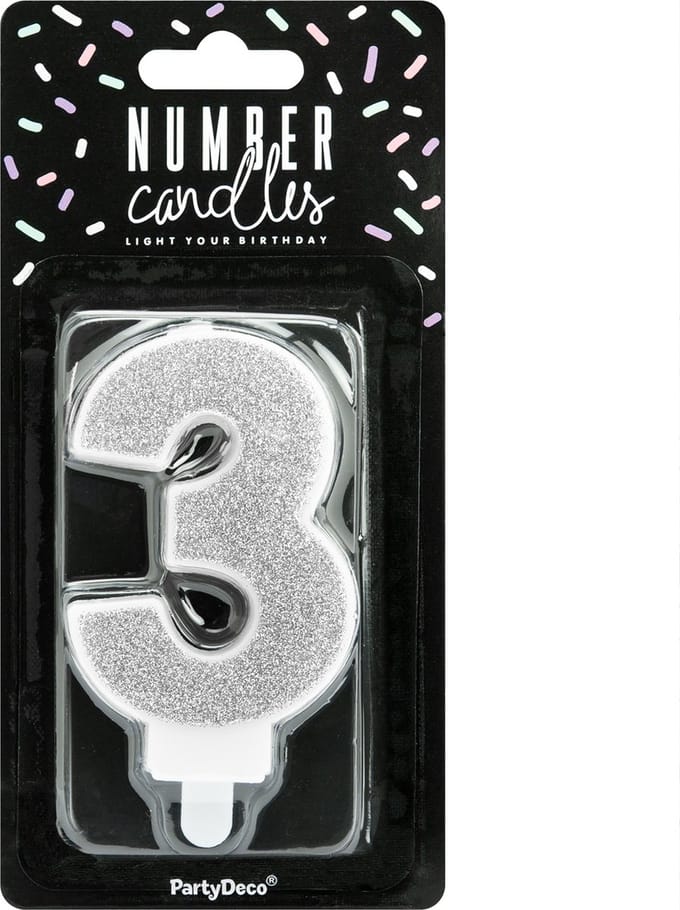 PartyDeco Verjaardag Kaars Nummer 3 - Zilver