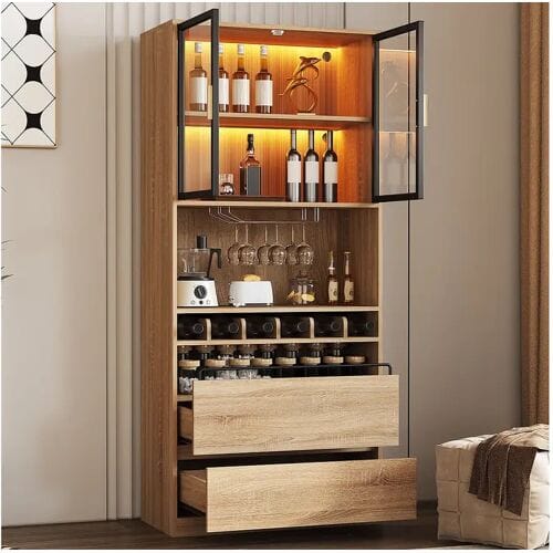 ModernLuxe Vitrine 80x40x180 cm met LED - 2 deuren en 2 lades - open planken - Natuur