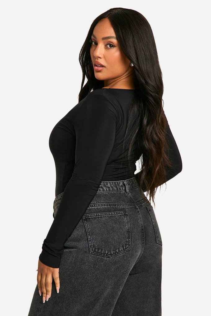 Dames Boohoo Basics Plus Double Laag Slinky Scoop Bodysuit | Zwart | Maat: 56