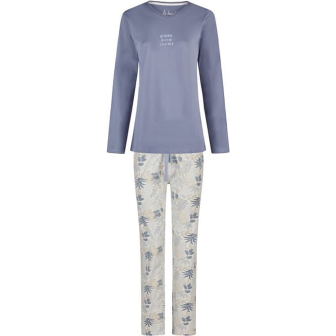 By Louise Dames Pyjama Set Lang V-Hals Donkerblauw Gebloemd - Maat M
