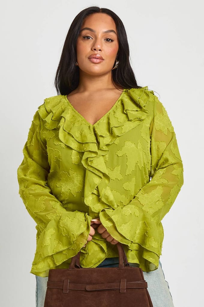 boohoo Dames Plus Ruche Burnout Blouse | Olijf | Maat: 46