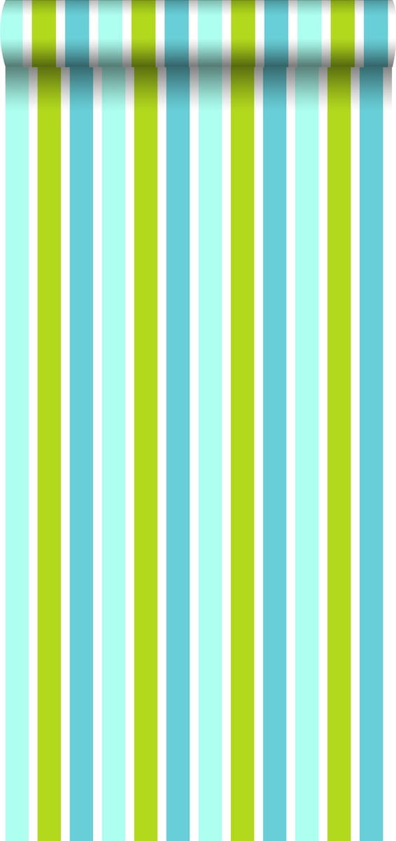 ESTAhome behang verticale strepen turquoise, limegroen en wit - 53 cm x 10.05 m - 138703
