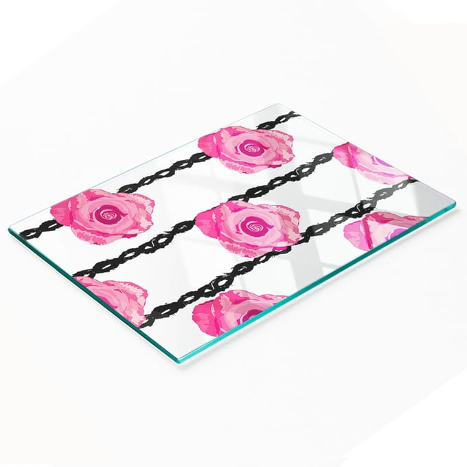 Serveerplank van gehard glas met rozenmotief, 80x52 cm