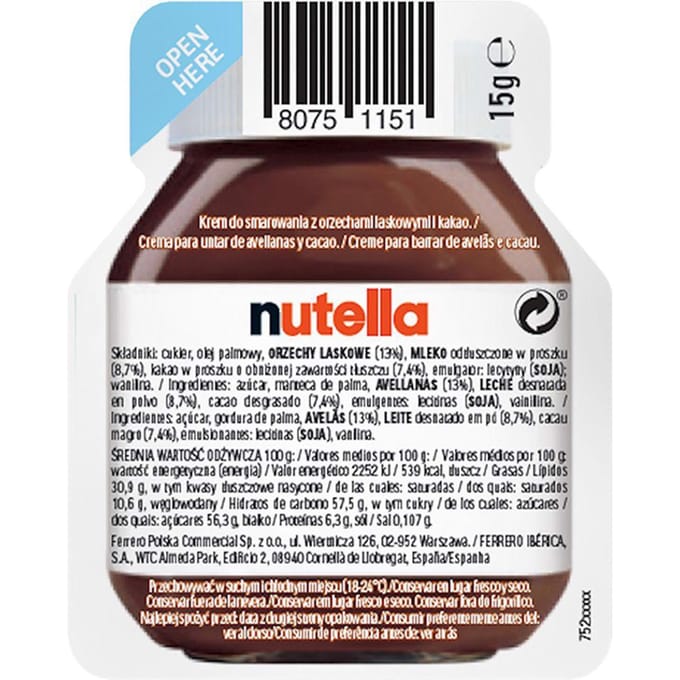 Pâte à tartiner Nutella aux noisettes et au cacao 15 g