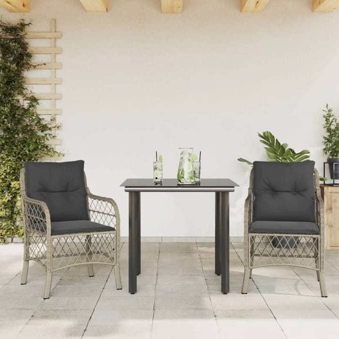 vidaXL - 3-delige - Bistroset - met - kussens - poly - rattan - lichtgrijs