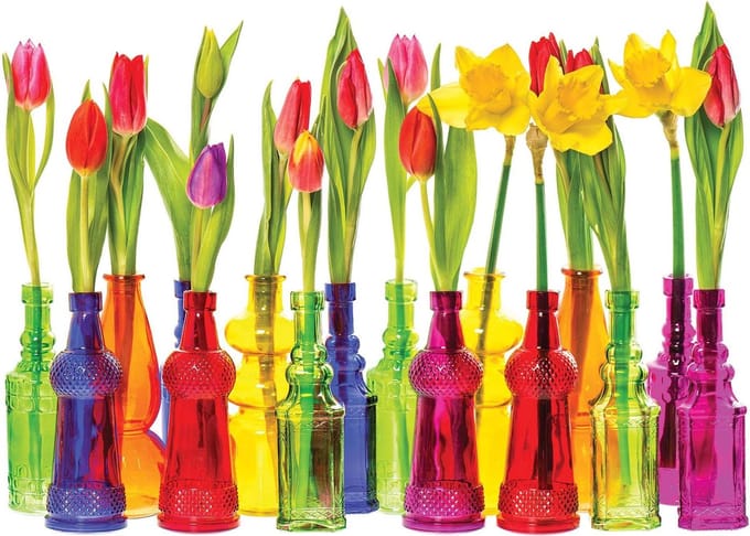 Fotobehang Tulips in Bottles | PANORAMIC - 250cm x 104cm | 130g/m2 Vlies