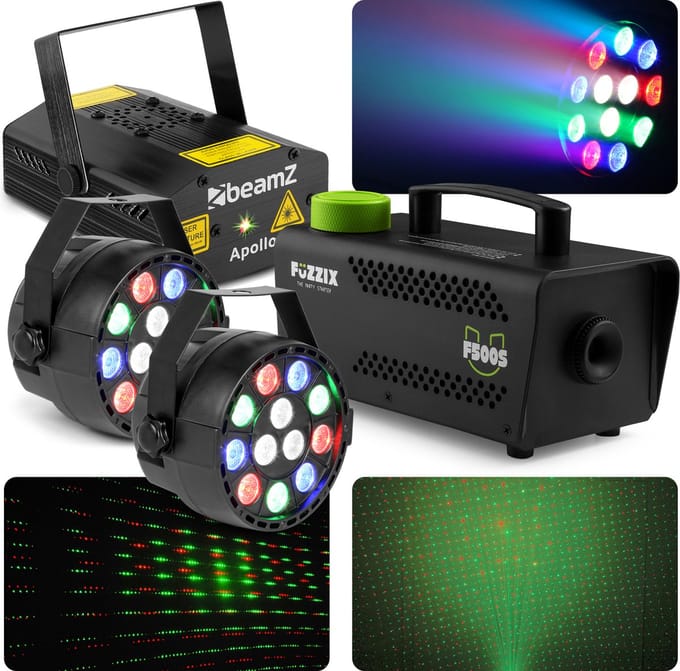 BeamZ lichtset met Laser, PAR spots en 500W rookmachine