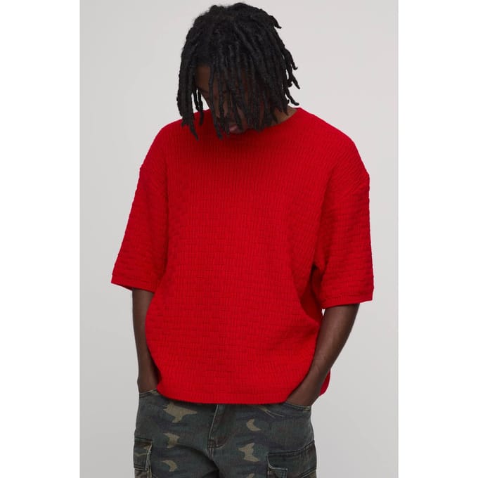 Boxy Fit Textured Stitch Knitted T-Shirt | Size Large