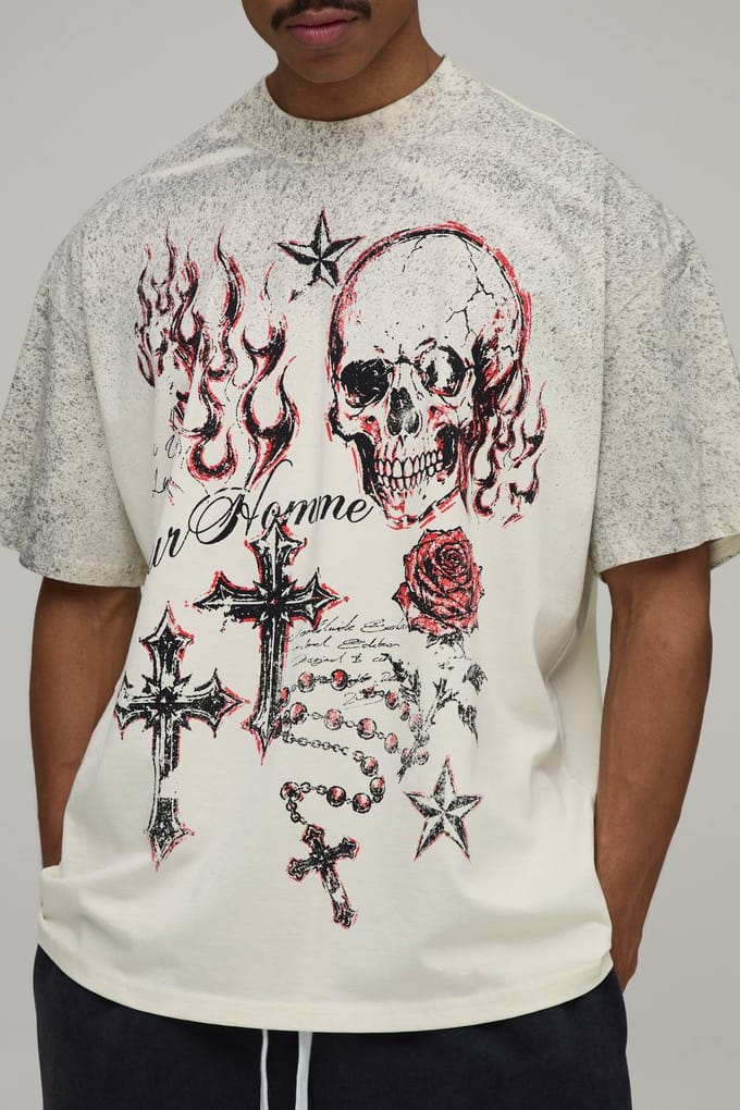 Ecru Oversized T-shirt Met Doodle Print En Spray Wash | Size XS
