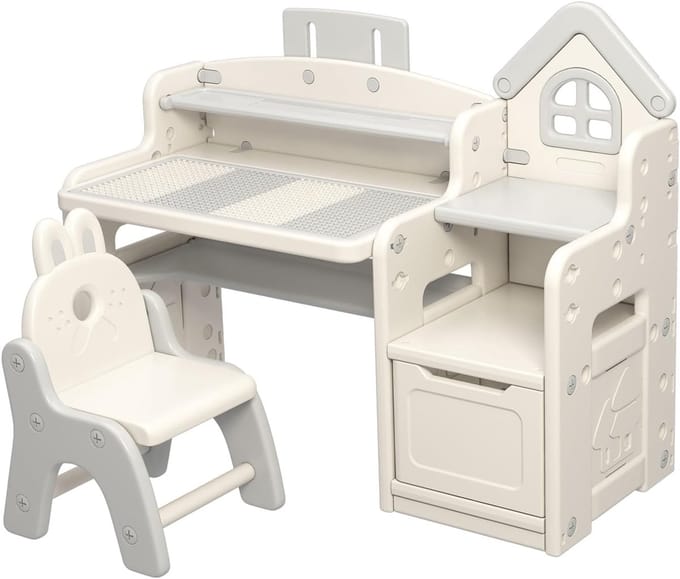 Russle Kinderbureau met Stoel Grijs – Tekentafel & Speeltafel – Opbergruimte
