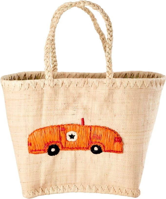 Rice raffia tas, model shopper, in naturelkleur met auto, medium