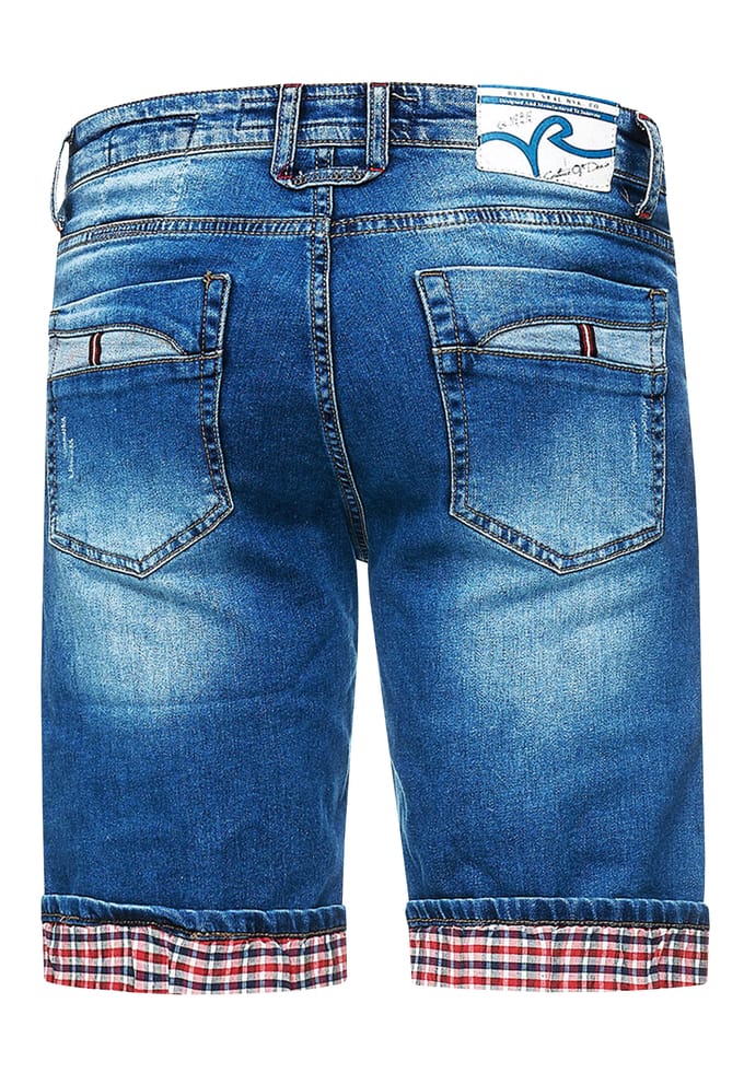 Blauwe gebruikte jeansshorts met ruitjesmotief "SATTO"