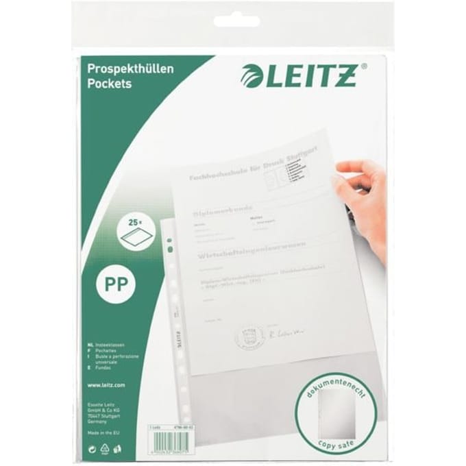 LEITZ insteekhoesjes 4796, A4, bovenaan open, 25 stuks, generfd, transparant