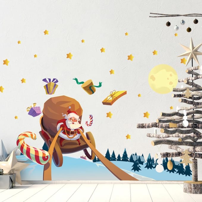 Kerststicker: Kerstman op zoek naar cadeaus - Kerststickers - feestdecoraties - 80x120cm