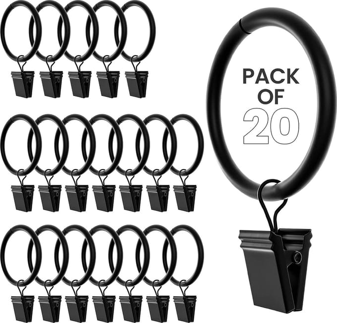 BOTC Douchegordijn Ringen met klem - 38 MM - Zwart - Sets van 20 stucks - RVS