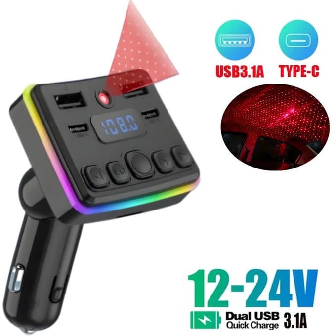Chargeur de voiture Transmetteur FM Bluetooth 5.4 PD Type-C Double USB Lecteur d'ambiance Mains libres Chargeur MP3 Type-C Sans fil Avec lumière d'ambiance noir