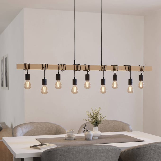 EGLO Townshend hanglamp, lengte 150 cm, zwart/hout, 9-lamps.