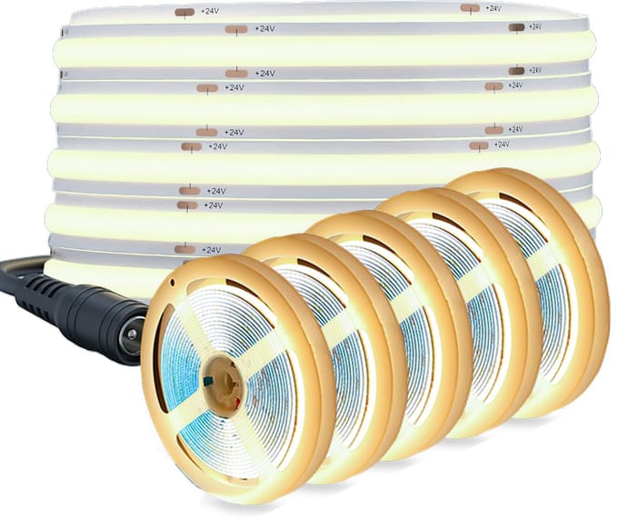 Oraymin COB LED Strip - Set van 5 - 2M - Warm Wit 3000K - 24V - Dimbaar - Flexibel - (Alleen strip)