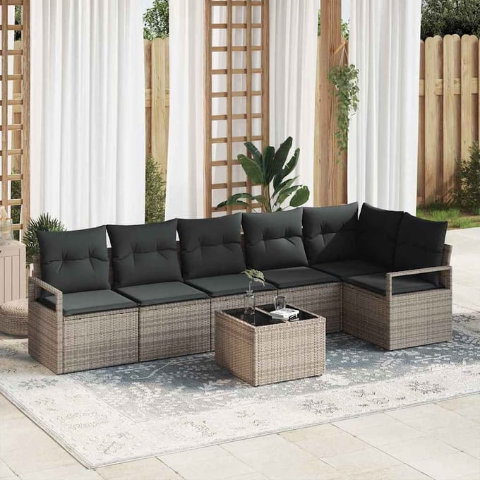 vidaXL Tuinbank Set met kussen met opslag 7 pcs Lichtgrijs poly rattan
