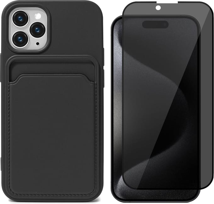 Hoesje Pasjeshouder geschikt voor iPhone 15 Pro Max - Privacy Screenprotector FullGuard - Siliconen Case Back Cover Zwart & Screen Protector