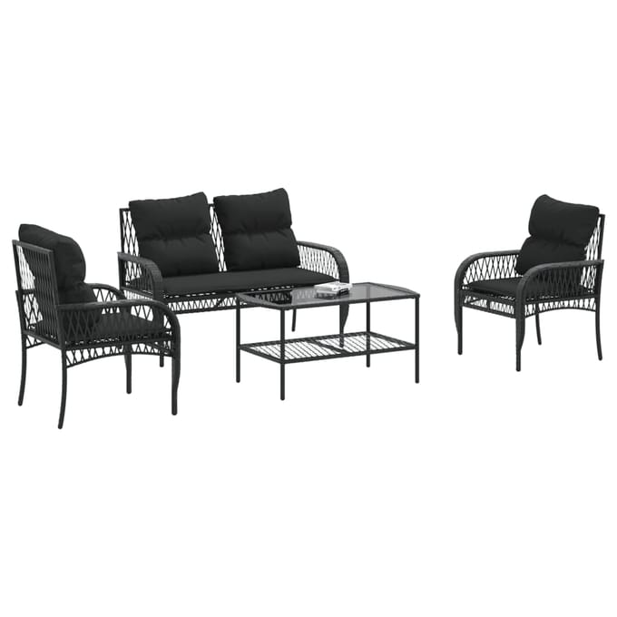 vidaXL - 4-delige - Loungeset - met - kussens - poly - rattan - zwart