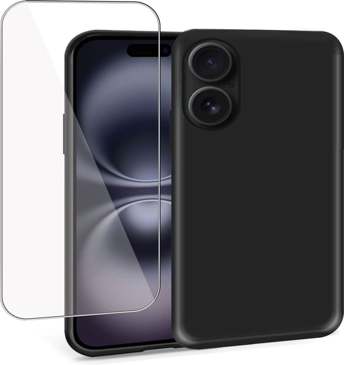 Geschikt voor Apple iPhone 16 Plus - Hoesje + Screenprotector – Gehard Glas Cover - Suède Case Zwart