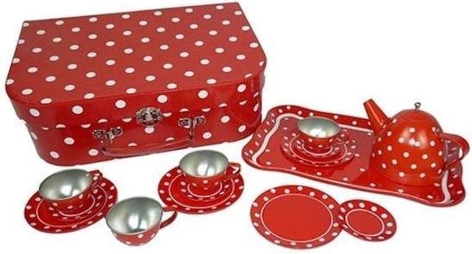 Playwood theeservies - Rood met witte stippen - metaal tin