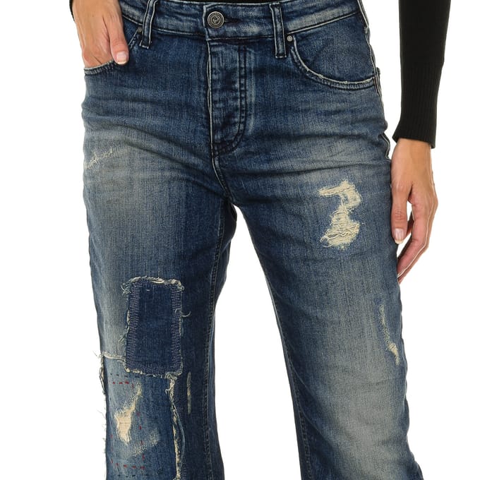 Damesbroek met lang versleten en gescheurd denimeffect 6Y5990-5D3UZ
