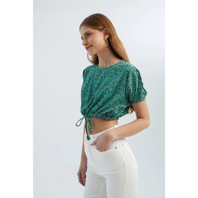 Bloemige Ronde Hals Trekkoord Crop Top