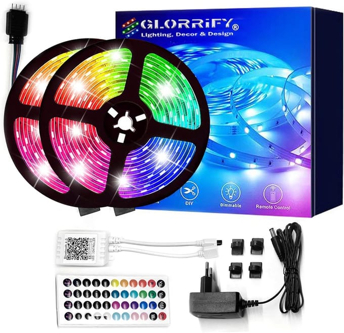 GLORRIFY LED Strip 10 meter – RGB verlichting – Bluetooth App & Afstandsbediening – Muziek Sync – Dimbaar – Sfeerverlichting