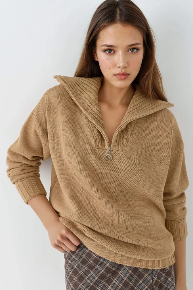 Oversized Geribde Gebreide Trui met Ritskraag