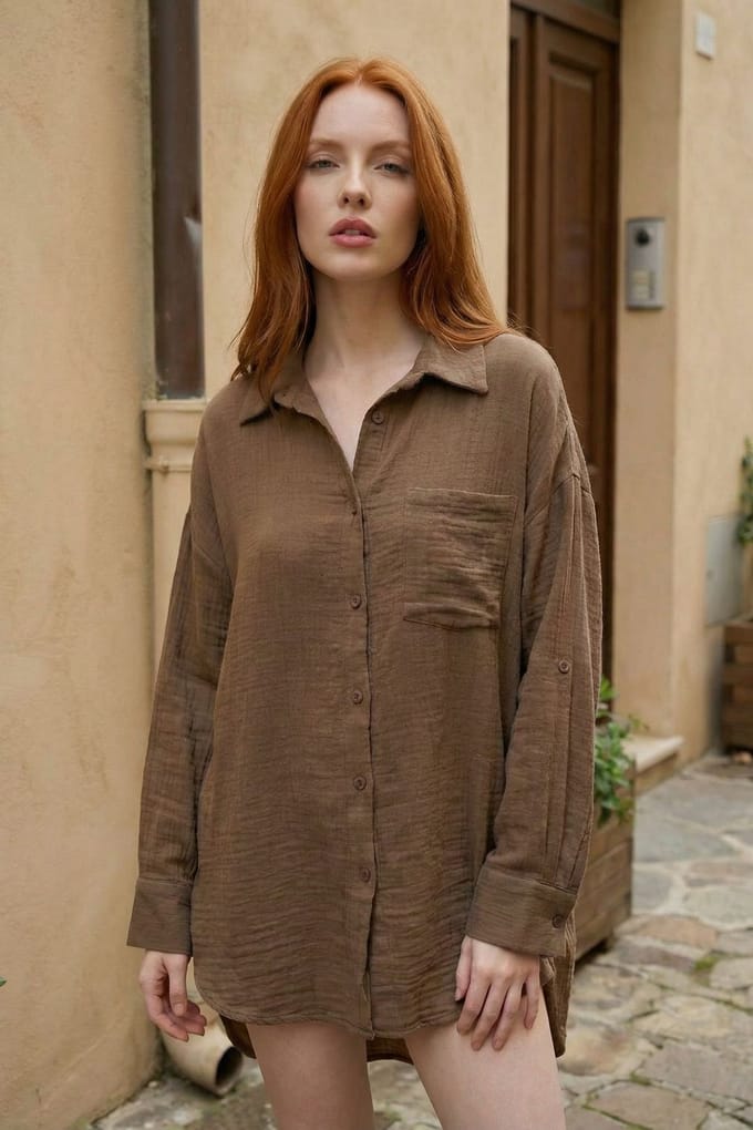 Gestructureerde Oversized Lange Shirt met Knopen Sluiting