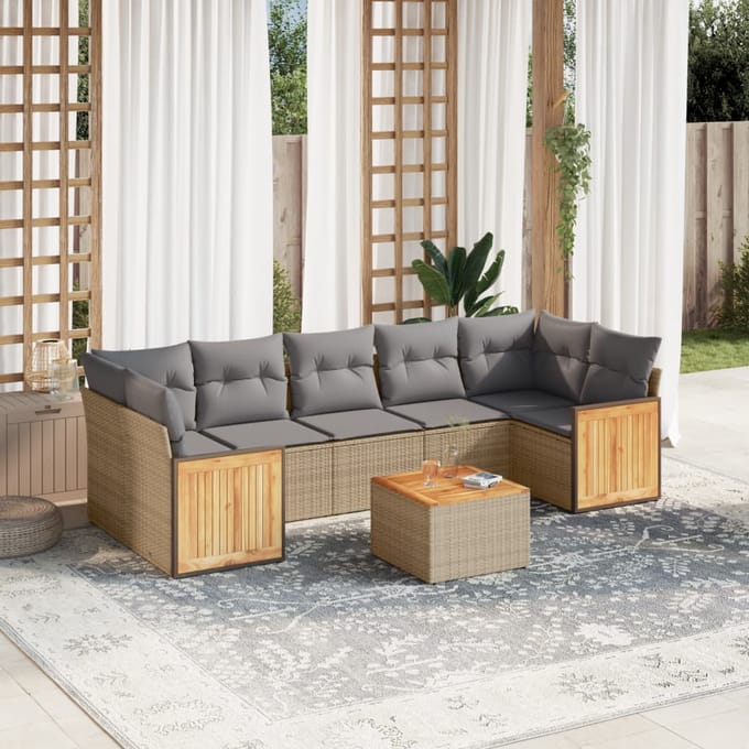 vidaXL - 8-delige - Loungeset - met - kussens - poly - rattan - beige