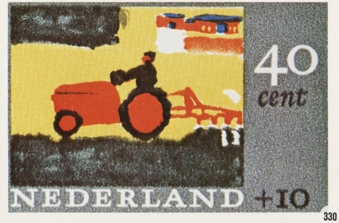 Briefkaart met afbeelding Kindertekening – Tractor postzegel