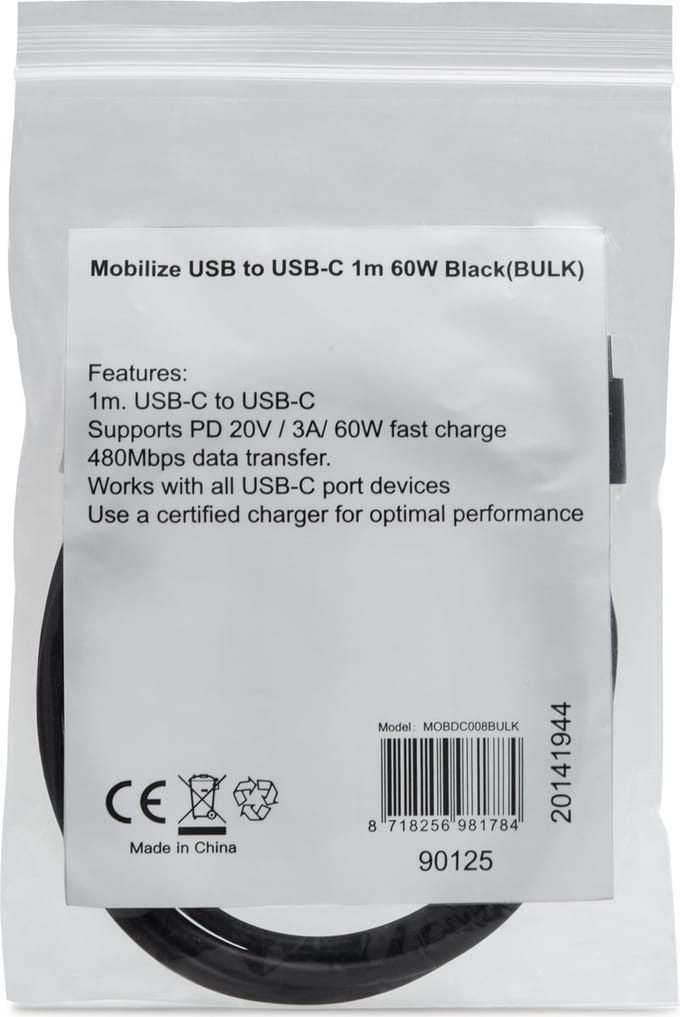 Mobilize USB-C naar USB-C Kabel 1 Meter - Zwart