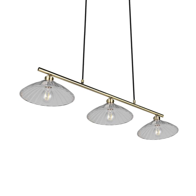 Reality Leuchten Hanglamp Eluna, helder/oud messing, 100 cm glas/metaal 3-lamps.