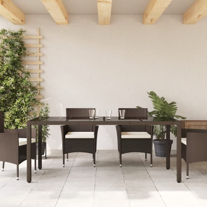 vidaXL Tuintafel met glazen blad 190x90x75 cm poly rattan bruin