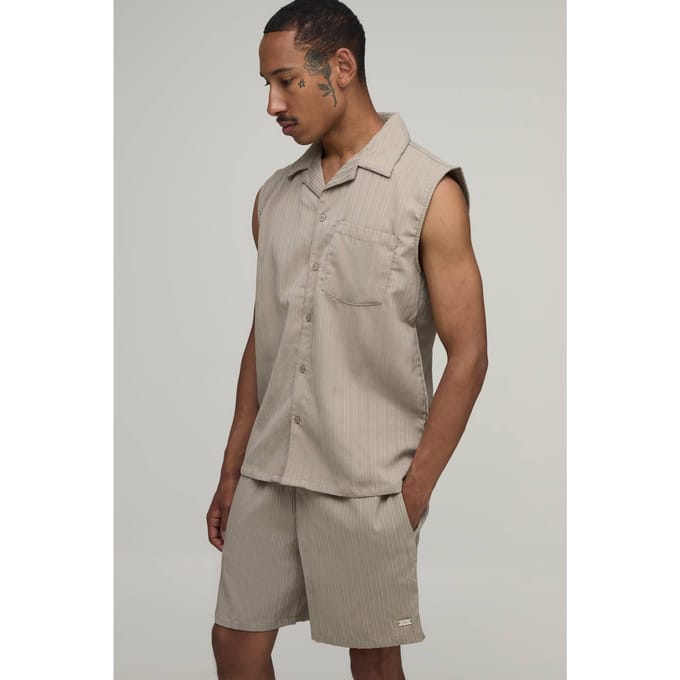 Gestructureerde Geplooide Regular Fit Mouwloze Shirt & Short Set | Taupe | Size Medium