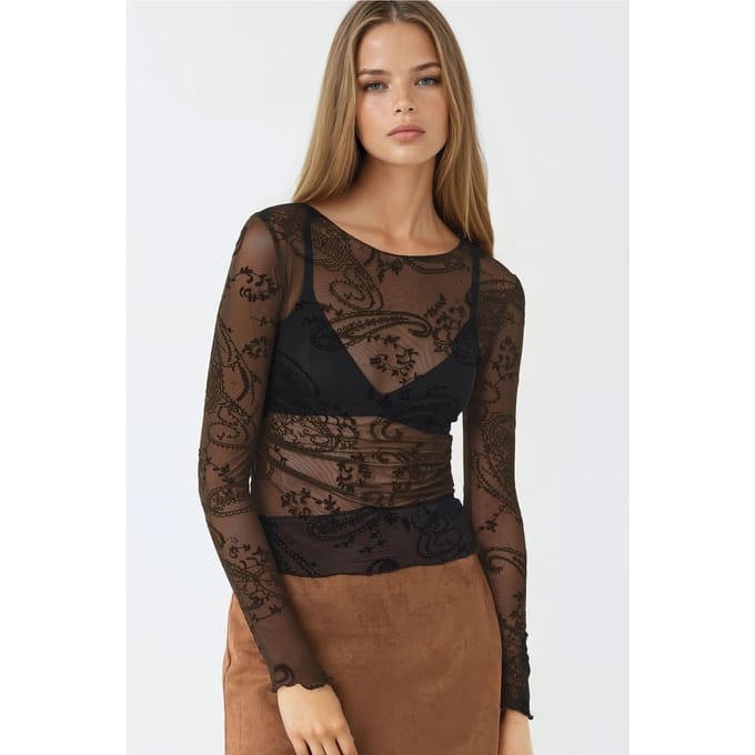 Aangesloten Lange Mouwen Flockprint Tulle Blouse