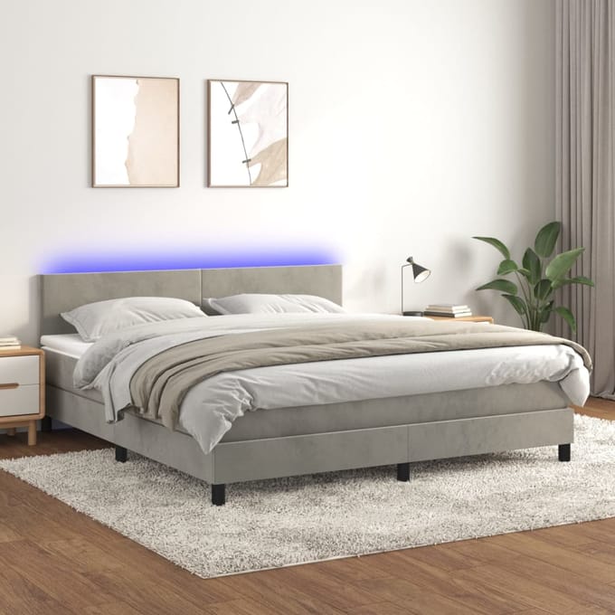 vidaXL - Boxspring - met - matras - en - LED - fluweel - lichtgrijs - 180x200 - cm