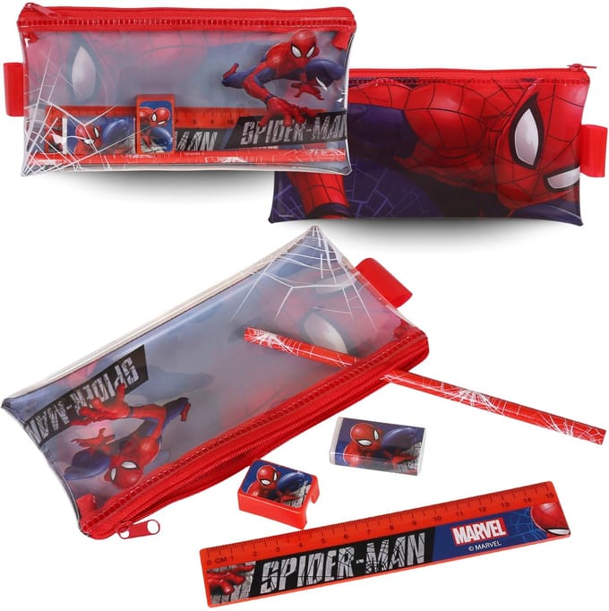 MARVEL Spider Man Transparant PENNENETUI met rits MET UITRUSTING, zakje voor jongens, SCHOOLSET