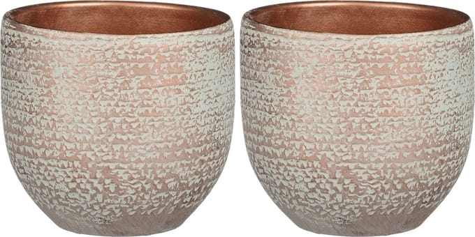 Mica Decorations - plantenpot/bloempot - 2x - koper/wit flakes relief- D16/H14 cm