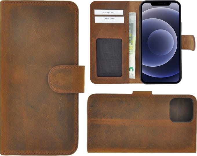 Geschikt voor Iphone 12 Pro Max Hoesje - Leder Bookcase - Iphone 12 Pro Max Book Case Wallet Echt Leer Antiek Bruin Cover