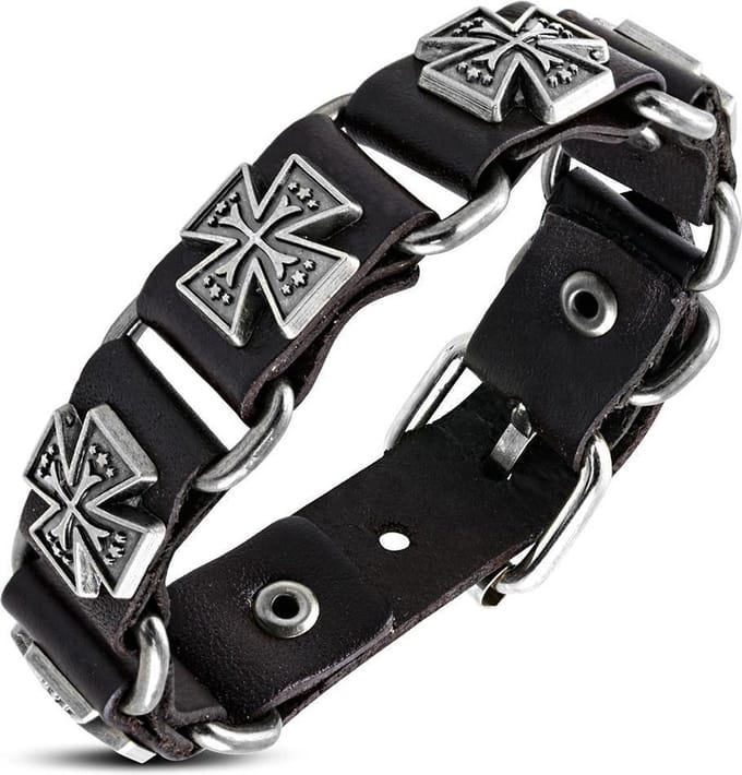 Amanto Armband Aissa - Heren - Leer - Studs - Kruis - 20 mm - 22 cm