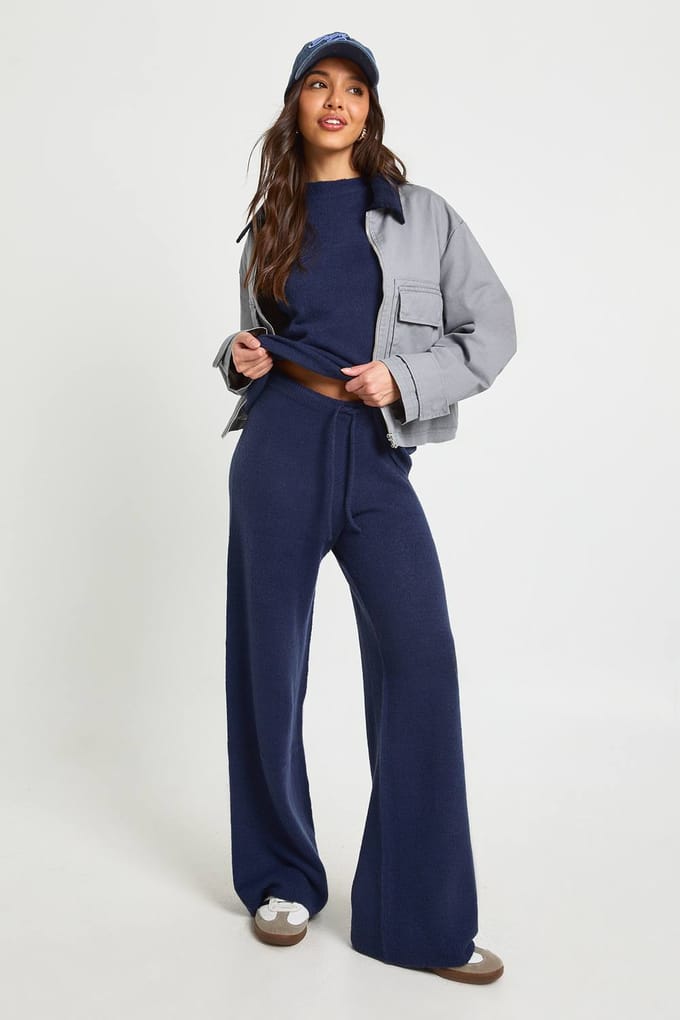 boohoo Dames Gebreide Korte Mouwen Top En Broek Set | Navy | Maat: Large
