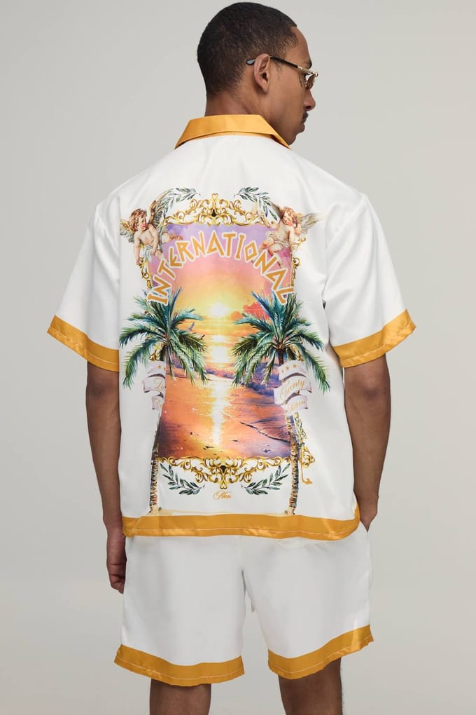 Oversized Shirt Met Korte Mouw En Short Set Met Locatieprint In Satijn | Yellow | Size Medium