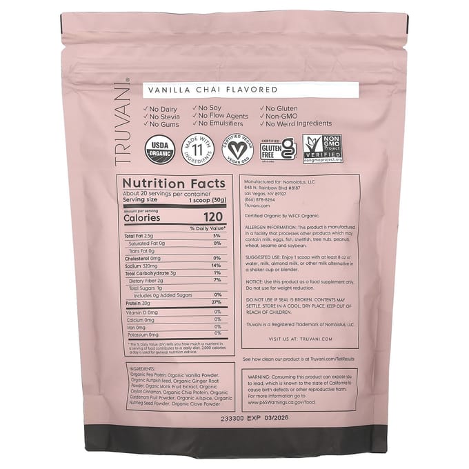 Truvani, Gecertificeerd Biologisch Plantaardig Eiwit, Vanille Chai, 1,35 lb (612 g)