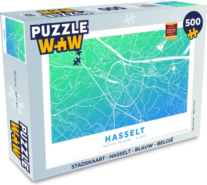 Puzzel Stadskaart - Hasselt - Blauw - België - Legpuzzel - Puzzel 500 stukjes - Plattegrond