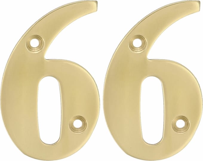 AMIG Huisnummer 66 - massief messing - 5cm - incl. bijpassende schroeven - gepolijst - goudkleur