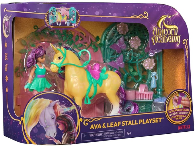 Unicorn Academy Ava & Leaf Stal Speelset - 11,4 cm Pop, 12,7 cm Eenhoorn, 15 Accessoires